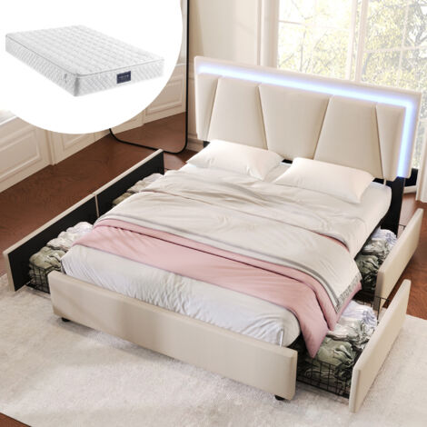Letto imbottito con illuminazione LED e 4 cassetti, testiera regolabile in altezza, letto matrimoniale 140x200 cm, contenitore, giroletto, rete a doghe in legno (con materasso)
