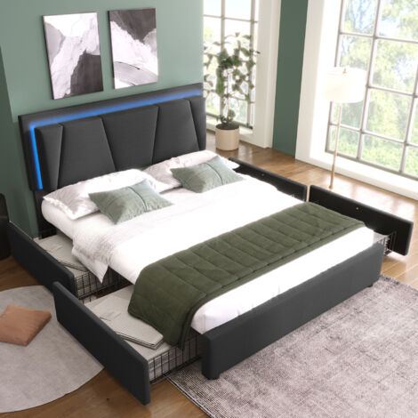 Letto imbottito con illuminazione LED e 4 cassetti, testiera regolabile in altezza, letto matrimoniale 140x200 cm, contenitore, giroletto, rete a doghe in legno, grigio (senza materasso)