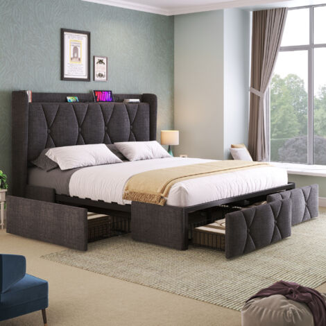 Letto imbottito con testiera e 4 cassetti con funzione di ricarica USB, letto matrimoniale 160x200 cm, vano contenitore, giroletto, rete a doghe in legno, grigio (con materasso)