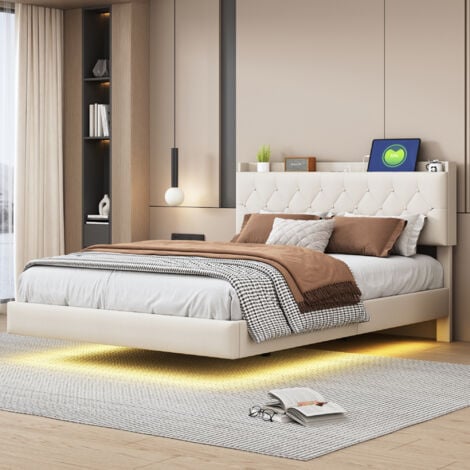 REDOM Letto imbottito da 140 x 200 cm con porta di ricarica USB e striscia luminosa a LED che cambia colore, letto matrimoniale in tessuto di lino delicato sulla pelle con rete a doghe beige