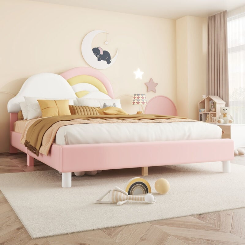 Letto imbottito, 140 x 200 cm, forma arcobaleno con nuvole, letto con rete a doghe (senza materasso), pu, minimalista, rosa