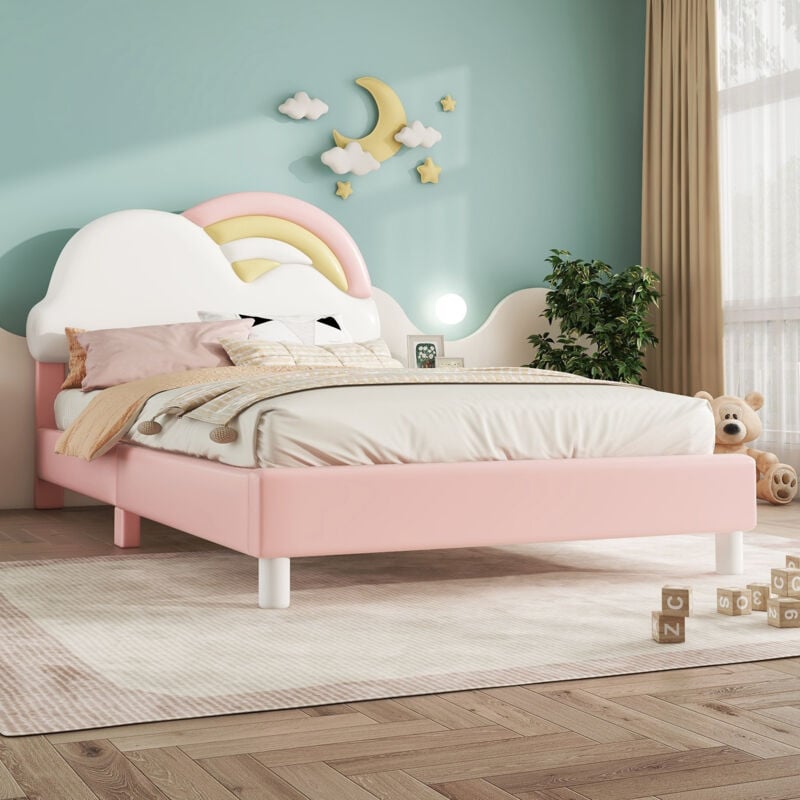 Letto imbottito, 90 x 200 cm, forma arcobaleno con nuvole, letto con rete a doghe (senza materasso), PU, minimalista, rosa