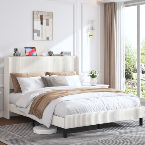 Letto imbottito in corduroy beige e crema 160x200 cm con rete a doghe in metallo inclusa