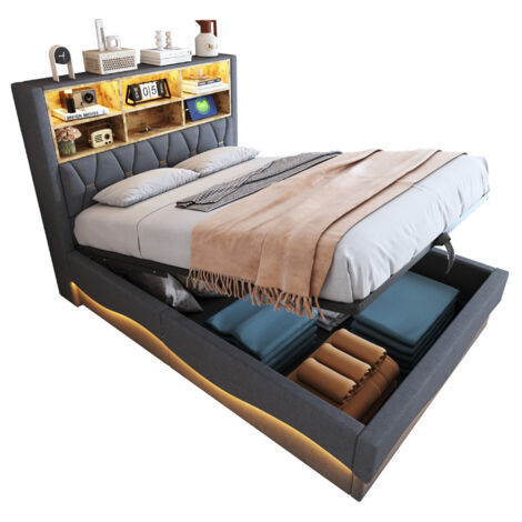 Letto imbottito in lino e metallo grigio 140x200 cm con contenitore idraulico, LED e USB