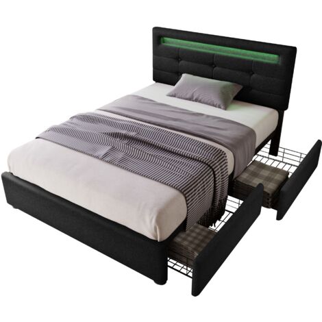 Letto imbottito in lino nero 90x200 cm con LED, 2 cassetti, testiera regolabile e rete a doghe inclusa