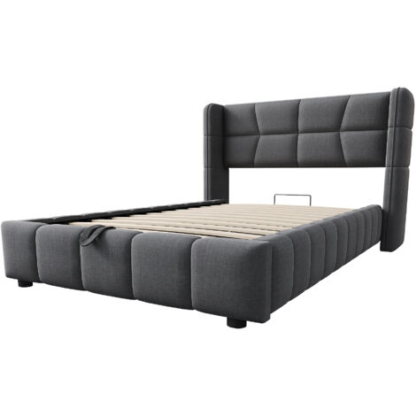Letto imbottito in tessuto grigio 90x200 cm con contenitore alzabile e testiera imbottita, struttura in metallo