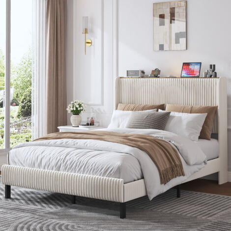 Letto imbottito in velluto a coste beige e crema 140x200 cm con testiera e rete a doghe metalliche