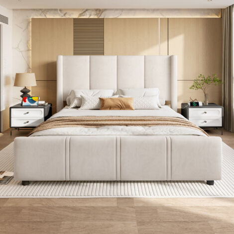 Letto imbottito in velluto beige 160x200 cm con testiera alta e porte USB/Type-C