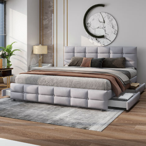 Letto imbottito in velluto grigio 180x200 cm con 4 cassetti, rete a doghe e testiera