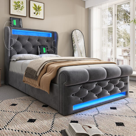 Letto imbottito in velluto grigio 90x200 cm con LED, vano contenitore idraulico, USB-C e materasso incluso