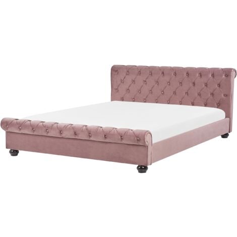 Letto Imbottito in Velluto Rosa Rete a Doghe Gambe Nere 180 x 200 cm Avallon