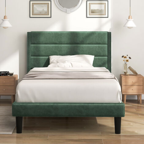 Letto imbottito in velluto, senza materasso - 90 x 200 cm, letto singolo, verde scuro