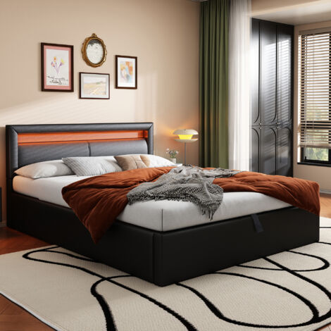Letto imbottito, letto LED, 140190cm, con rete a doghe e contenitore, con testiera illuminata in diversi colori, nero, testiera e similpelle
