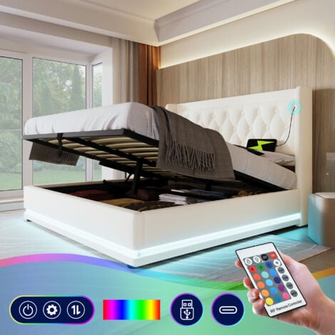 REDOM letto matrimoniale 180 x 200 cm, materiale PU bianco, letto contenitore idraulico, testiera imbottita con funzione di ricarica USB Type-C, funzione LED 3 lati (senza materasso)