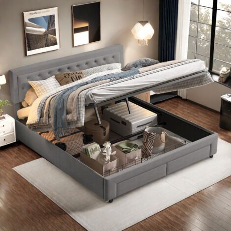 Letto imbottito, letto matrimoniale, contenitore, 160 x 200 cm, con contenitore idraulico per un ampio spazio di stoccaggio, stile moderno con 2 cassetti ai piedi del letto, senza materasso