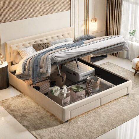 Letto imbottito, letto matrimoniale, contenitore, 180 x 200 cm, con contenitore idraulico per un ampio spazio di stoccaggio, stile moderno con 2 cassetti ai piedi del letto, senza materasso