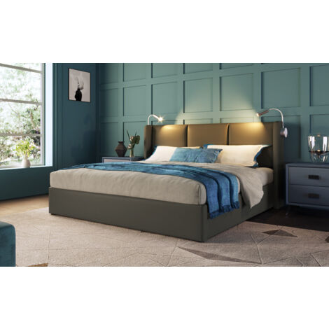 Letto imbottito letto matrimoniale contenitore letto lampada da lettura con funzione di caricamento testiera, giroletto contenitore Letto per adolescenti in PU 160x200 con rete a doghe (senza materass