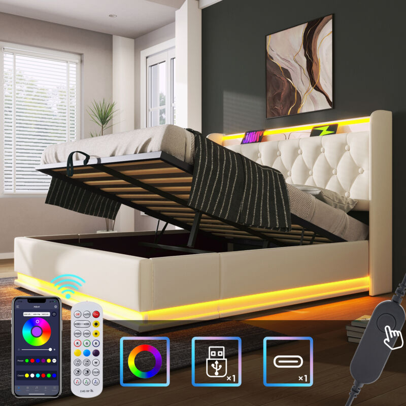 Redom - Letto imbottito, letto matrimoniale, funzione led surround 360, pulsante/APP/telecomando, 180200 cm, letto contenitore idraulico in materiale