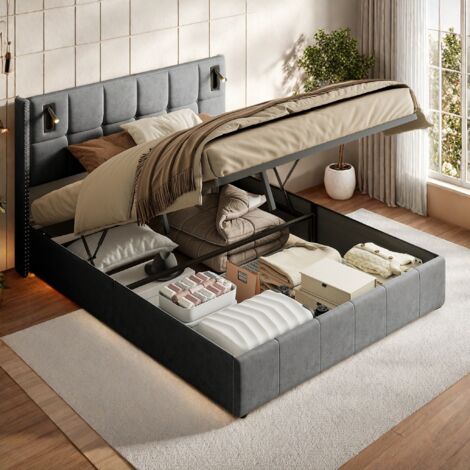 Letto imbottito moderno con contenitore, letto matrimoniale idraulico, con 2 luci di lettura su entrambi i lati della testiera, 140x200 cm, letto contenitore, tessuto in velluto, senza materasso