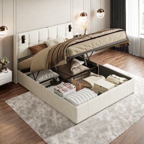 Letto imbottito moderno con contenitore, letto matrimoniale idraulico, con 2 luci di lettura su entrambi i lati della testiera, 140x200 cm, letto contenitore, tessuto in velluto, senza materasso