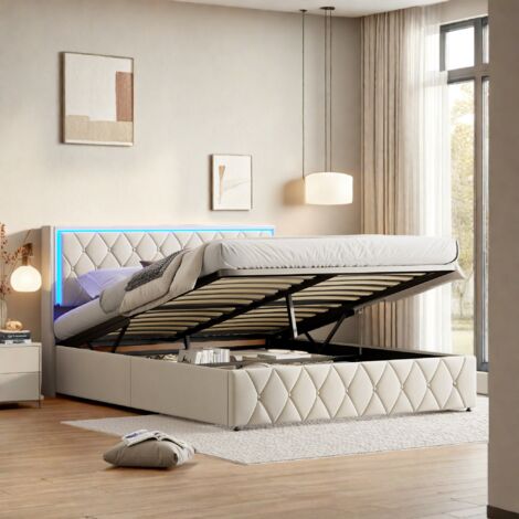 Letto imbottito moderno con contenitore, struttura letto matrimoniale a LED con porte di ricarica USB, 140 x 200 cm, tessuto in velluto, senza materasso