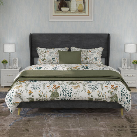 Letto imbottito moderno e minimalista con testiera morbida, 140x200 cm, grigio, mobile multifunzionale per camera da letto, base a basso profilo (senza contenitore), materasso non incluso.