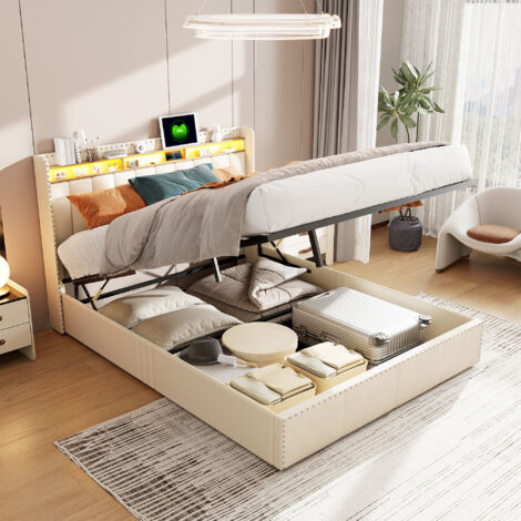 Letto imbottito moderno, elegante struttura letto in velluto con sistema di pressione dell'aria e ampio spazio di archiviazione, letto matrimoniale a LED con porte di ricarica USB, senza materasso