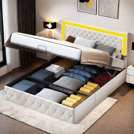 Letto imbottito moderno, LED letto matrimoniale, contenitore con ampio spazio contenitore, 140 x 200 cm, elegante velluto, beige/nero, senza materasso