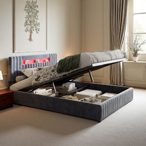 Letto imbottito moderno, letto a pressione con vano contenitore, testiera LED con ripiano, letto matrimoniale 140/160 x 200 cm, tessuto in velluto grigio, senza materasso