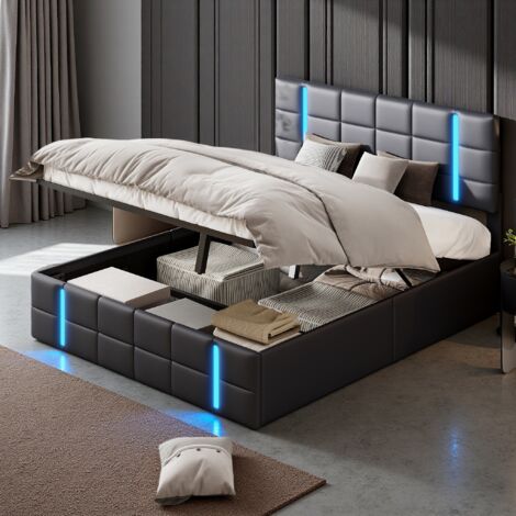 Letto imbottito nero in similpelle, 140 x 200 cm moderno letto matrimoniale con luci a LED e porte di ricarica USB, letto idraulico con ampio spazio di archiviazione, senza materasso