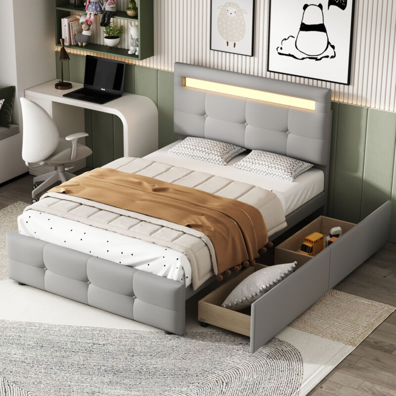 Letto imbottito 90200 cm con luci a led, 2 cassetti, rivestimento in lino delicato sulla pelle, letto singolo piatto, lettino per bambini, letto per