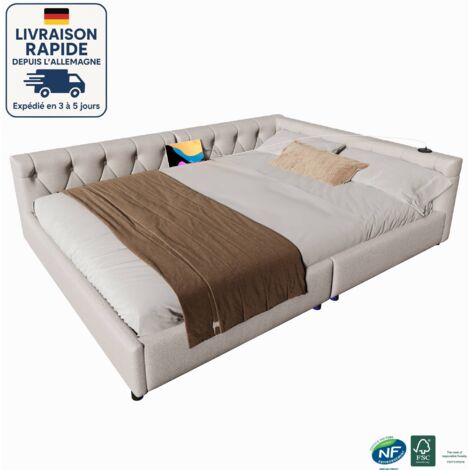 Letto imbottito per adulti 140x200 - rete a doghe - lino - porte e prese USB+Type-C - schienale con bottoni - illuminazione d'atmosfera con telecomando - Beige