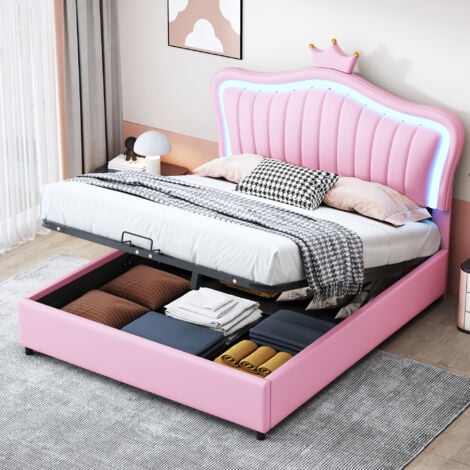 Letto Imbottito per Bambini 140 x 200 cm, Letto Contenitore Idraulico, Struttura Letto Singolo per Bambine con Corona Rosa, Pelle PU con Luci LED, Rete a Doghe e Schienale