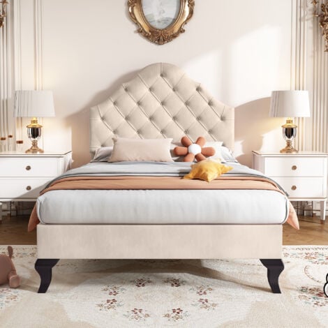 HAUSS SPOLE Letto imbottito per bambini con testiera regolabile, velluto, portata 150 kg - 90 x 200 cm, beige