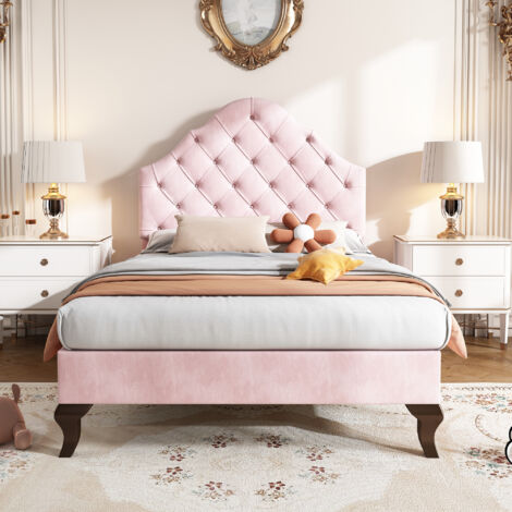 Letto imbottito per bambini con testiera regolabile, velluto, portata 150 kg - 90 x 200 cm, rosa