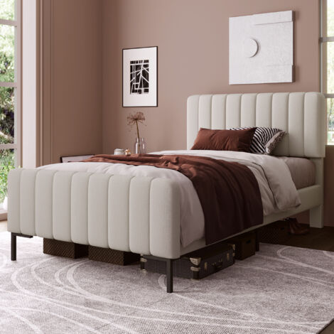 Letto Imbottito Singolo 90 x 200 cm, Giroletto con Rete a Doghe e Testiera Regolabile, Beige, Letto per Ragazzi per Cameretta, Camera degli Ospiti, Tessuto in Lino