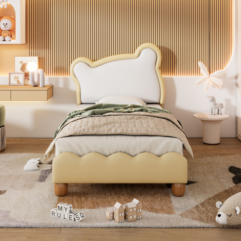 Letto imbottito singolo 90x200 cm per bambini e ragazzi a forma di simpatico orsetto con rete a doghe in legno, PU, Giallo