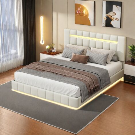 Letto imbottito, struttura letto sospesa imbottita 160 x 200 cm con luci LED e porte di ricarica USB, testiera dal design piatto, letto matrimoniale per ospiti in lino grigio delicato sulla pelle