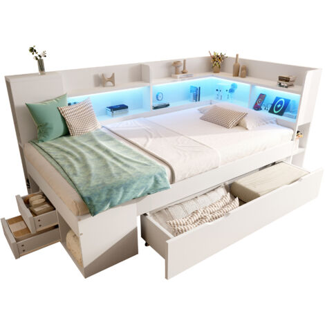 Letto in legno bianco 90x190 cm con rete inclusa, LED, USB e Type-C, cassetti e ripiani