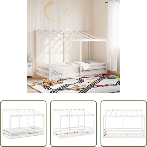 Letto in legno -  Letto Bambini con Tetto Bianco 100x200 cm Legno Massello Pino