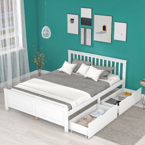 Letto in legno, letto singolo, letto per giovani, letto per adulti, con cassetti per riporre gli oggetti, struttura in pino, bianco (90x200 cm) OKWISH