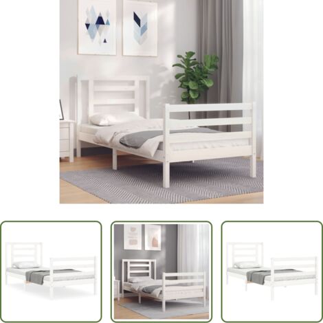 Letto in legno massello -  Giroletto con Testiera Bianco 90x200 cm in Legno Massello