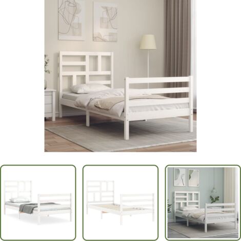 Letto in legno massello -  Giroletto con Testiera Bianco 90x200 cm in Legno Massello