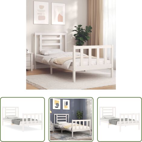 Letto in legno massello -  Giroletto con Testiera Bianco Single in Legno Massello