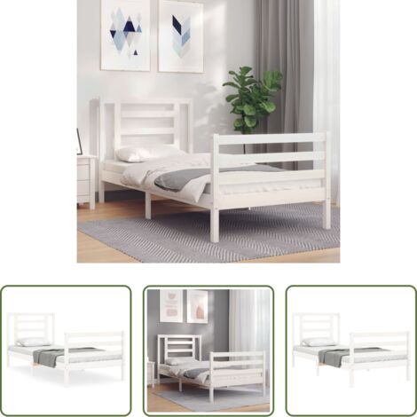 Letto in legno massello -  Giroletto con Testiera Bianco Single in Legno Massello
