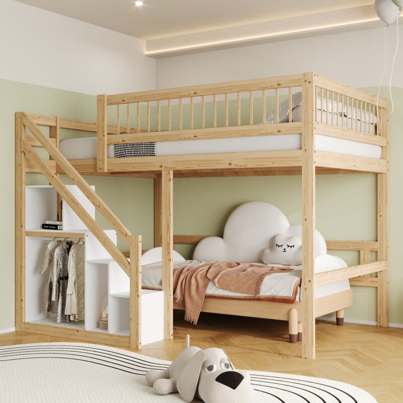 Redom - Letto in legno massiccio 140200, scala con armadio, ringhiera alta, letto per bambini, letto per giovani, struttura letto in legno massiccio,