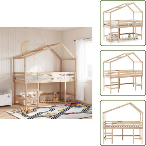 Letto in legno massello - vidaXL Letto Soppalco con Scala e Tetto 80x200 cm Legno Massello Pino - Letto per bambini