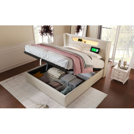 Letto in lino beige 140x200 cm con LED, USB e vano contenitore, rete inclusa, con panca contenitore coordinata