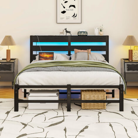 Letto in metallo e legno nero 120x200 cm con LED RGB, 2 porte USB e spazio sottoletto