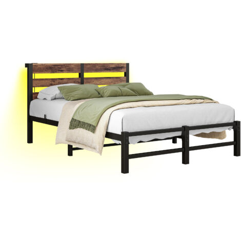 Letto in metallo e legno nero/marrone 120x200 cm con LED RGB, 2 USB e spazio contenitore sotto il letto